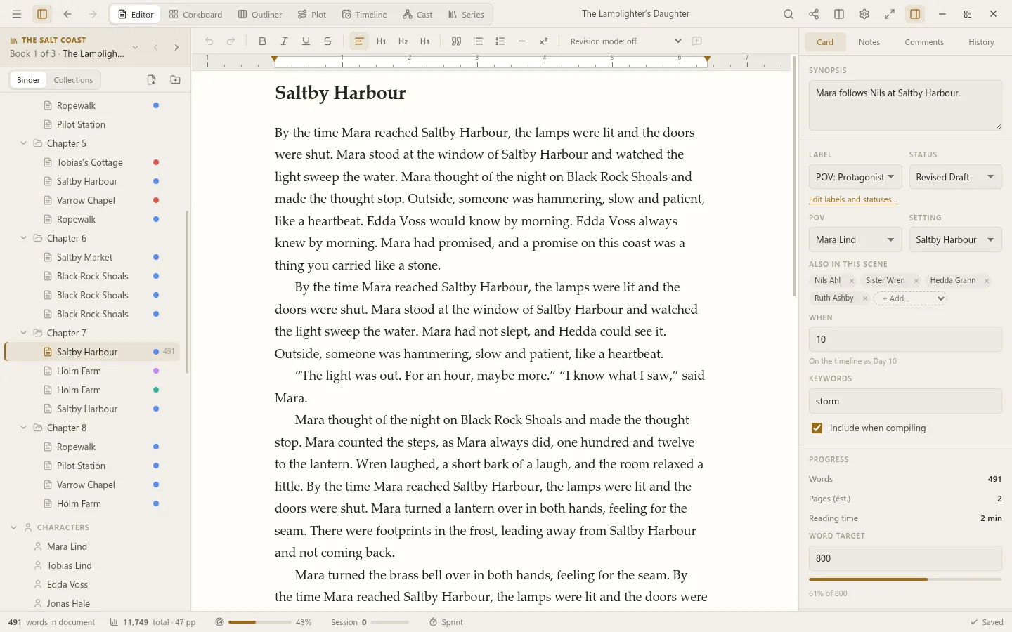 Bläck Studio with a book open: the binder, a chapter being written, and the scene’s card